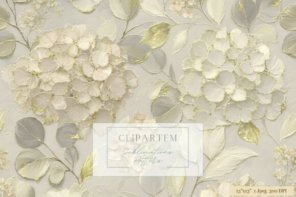 Elevating Surface Design with Luminous White and Gold Hydrangea Patterns