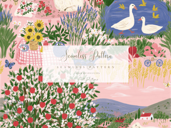 Farm Garden Seamless Pattern: Sheep & Ducks