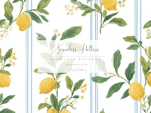Lemon Seamless Pattern with Blue Stripes PNG